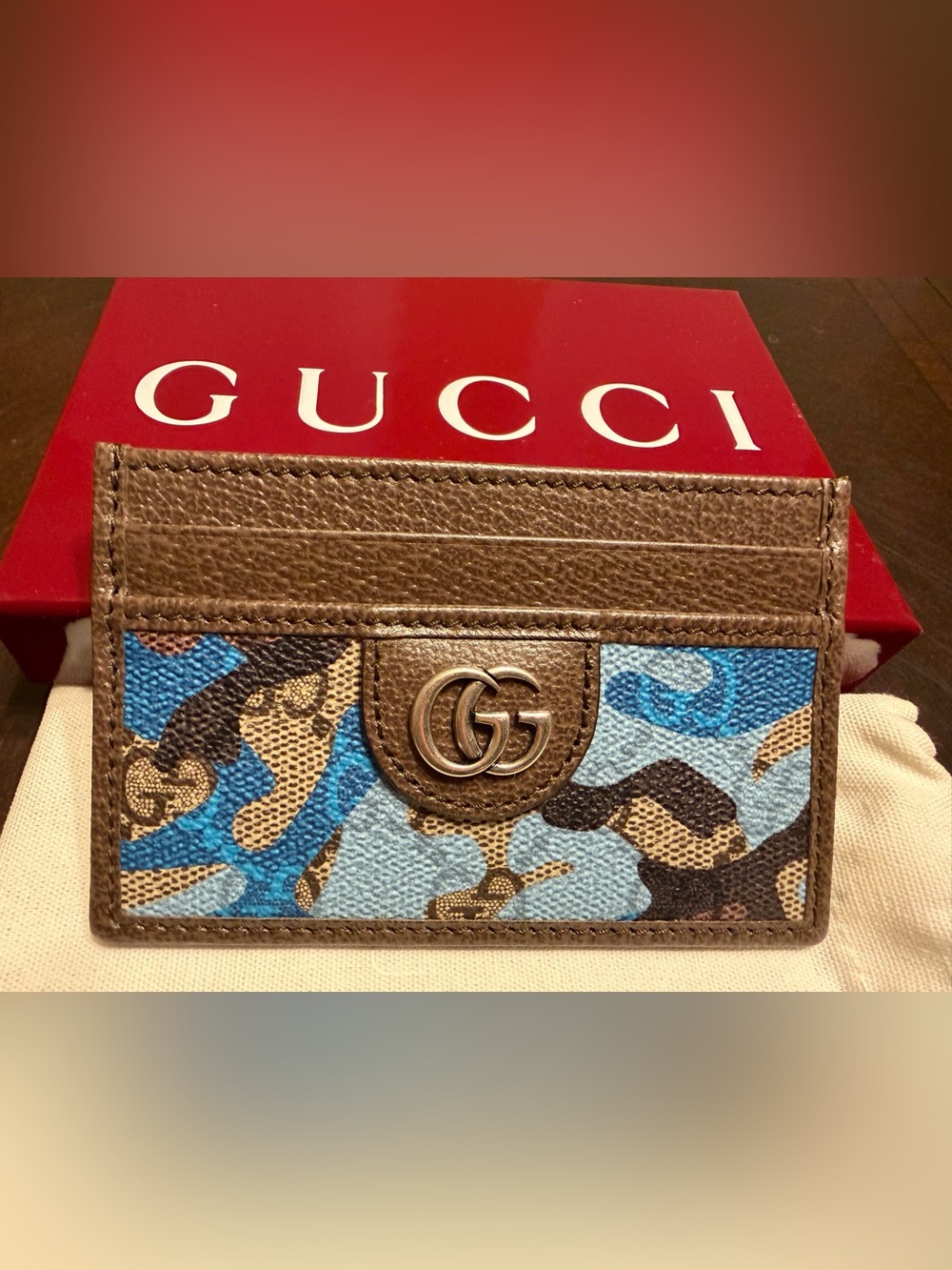 New Authentic Gucci GG Supreme Logo Card Case Wallet Brown Blue Leather - Picture 3 of 10